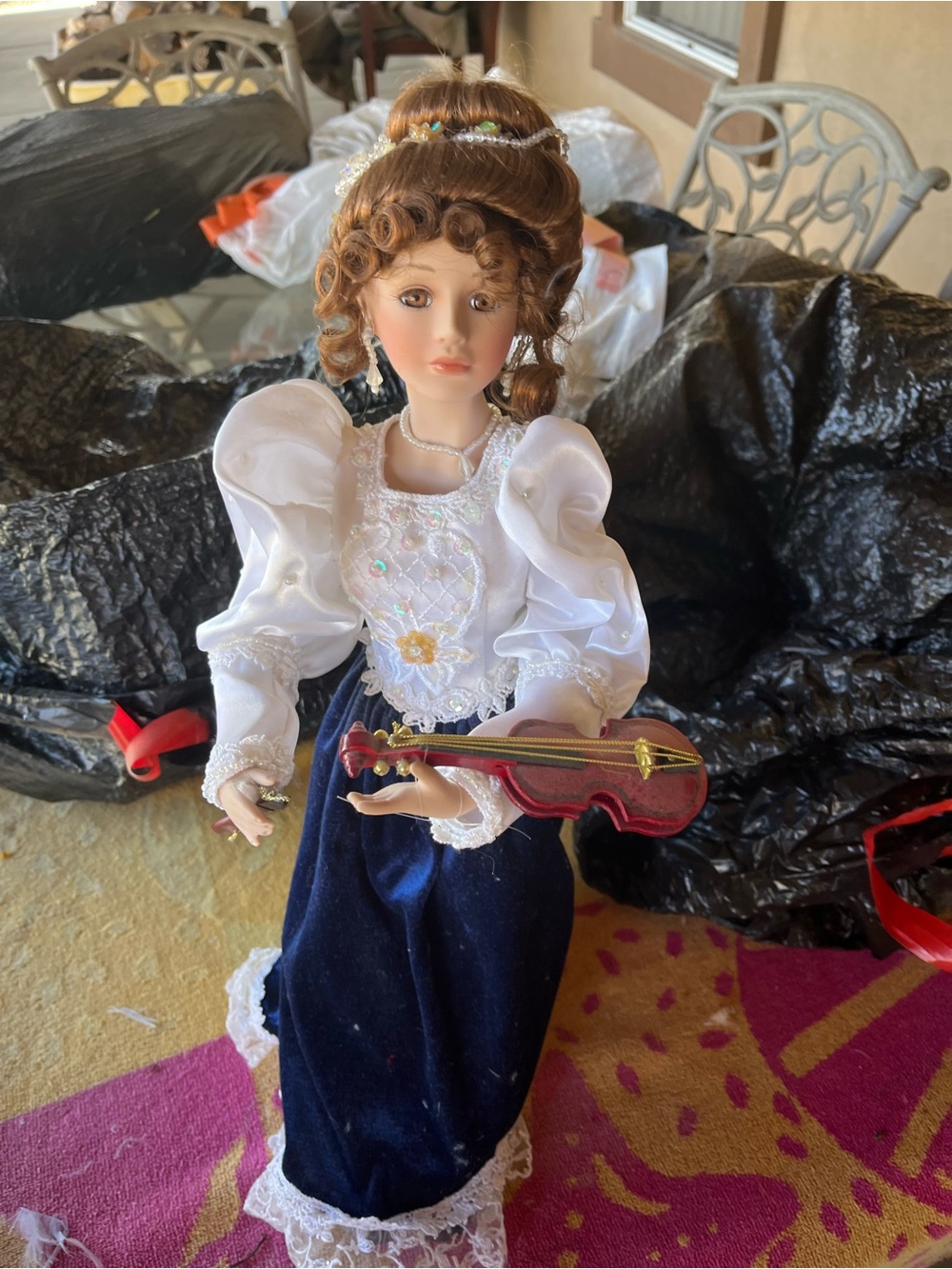 Porcelain Doll Holding Violin – White Lace Top & Navy Velvet Skirt